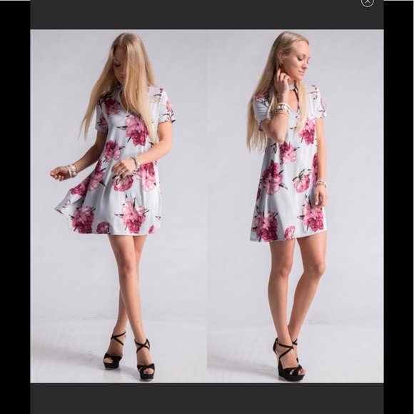 Grey Floral Print Choker Neck Swing Dress. - Picture 2 of 2