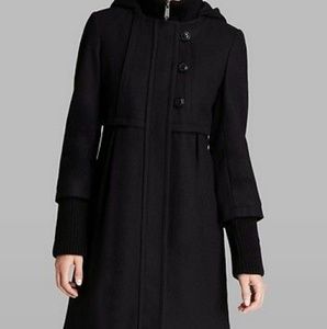 DKNY Colby Hooded Empire Waist Wool Coat Blac