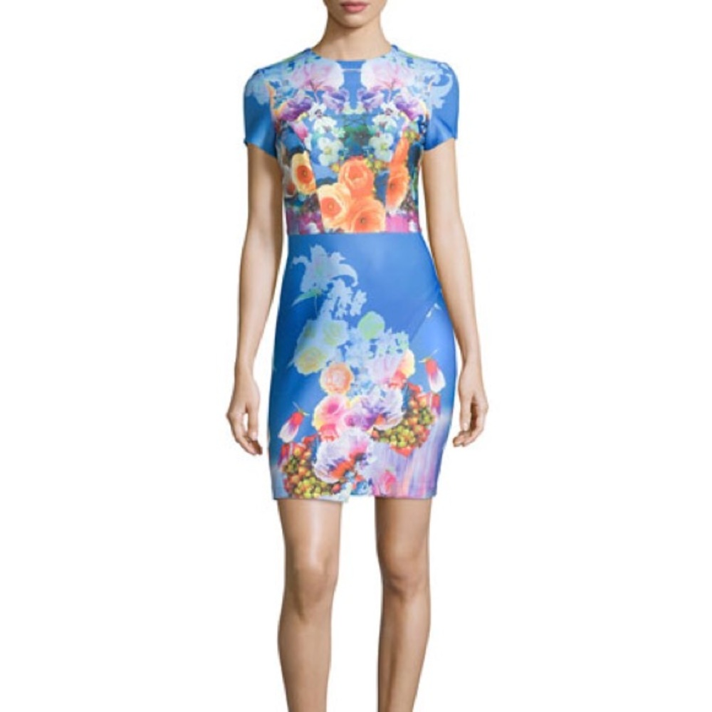 Floral Short-Sleeve Scuba Dress, Aquarius