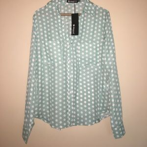 Turquoise and White polka dot blouse