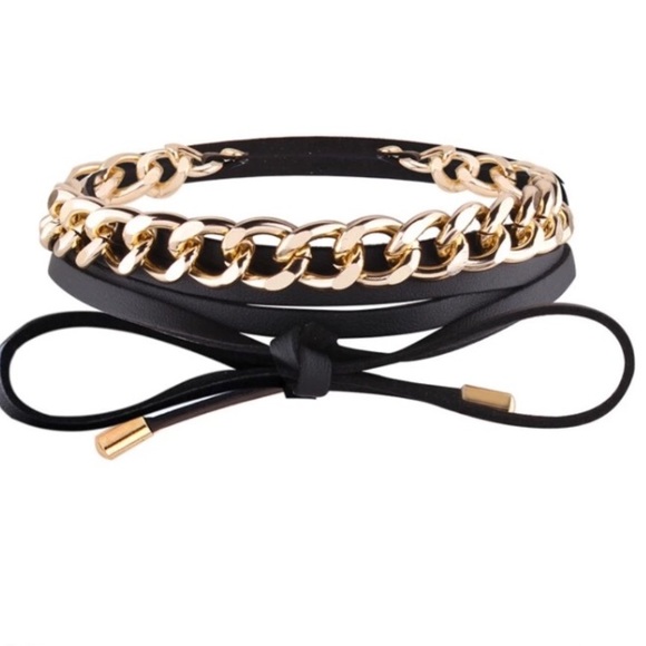 Jewelry - 💛 Black Leather & Gold Link Chain Wrap Choker NEW