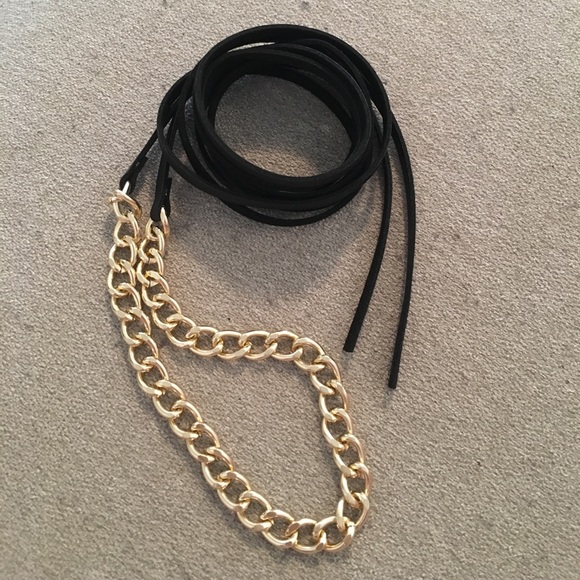 💛 Black Leather & Gold Link Chain Wrap Choker NEW - Picture 2 of 3