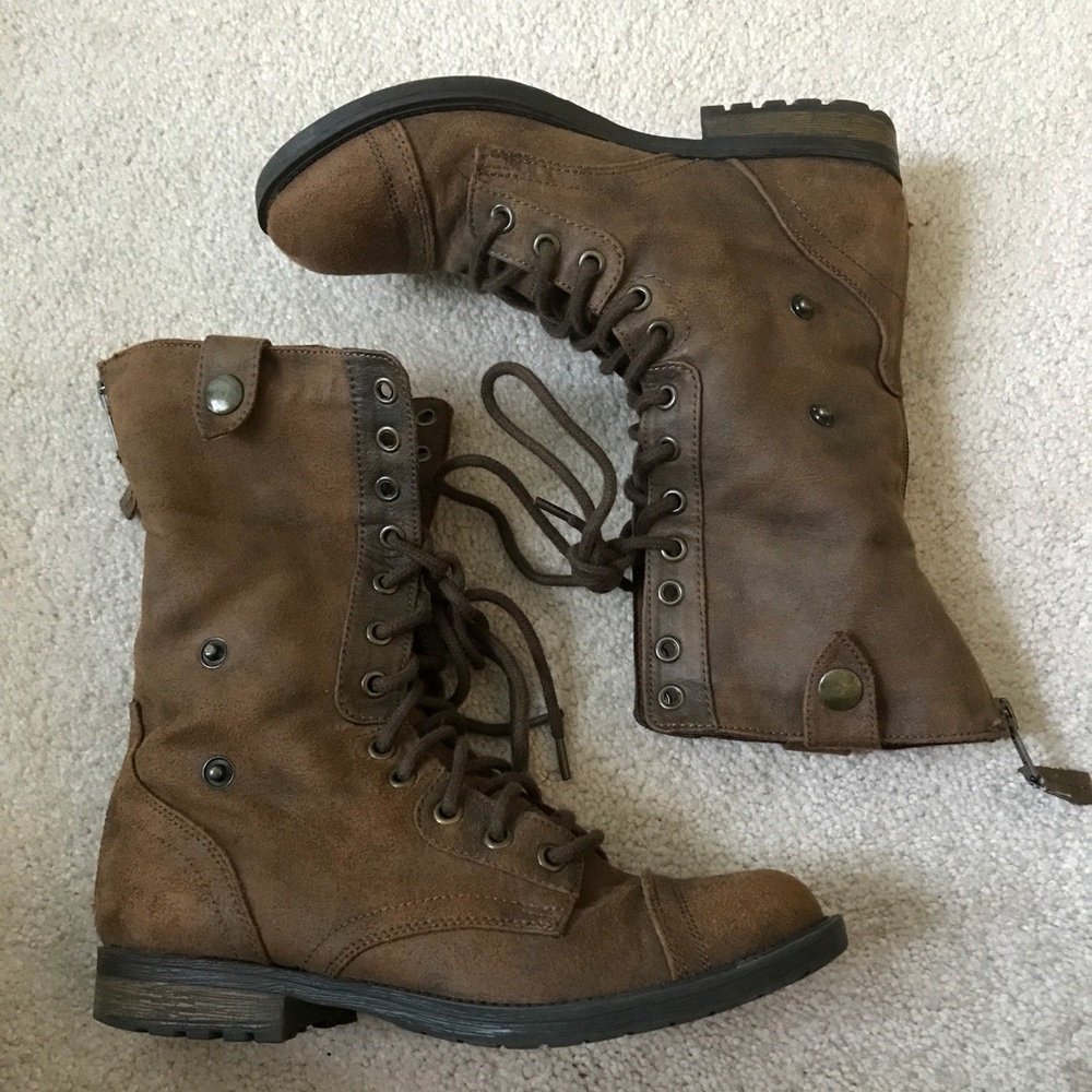 brown combat boots with sweater detailing