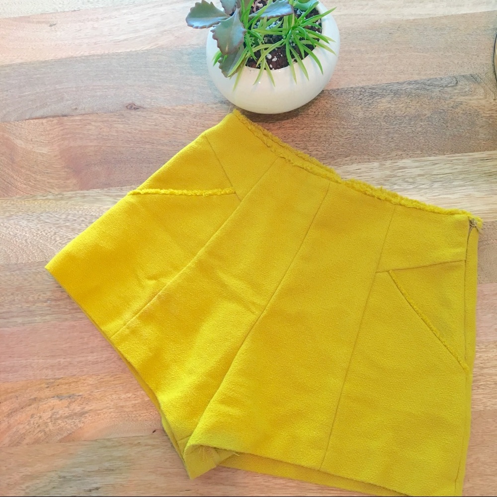 Zara Mustard Yellow High Waist Frayed Shorts