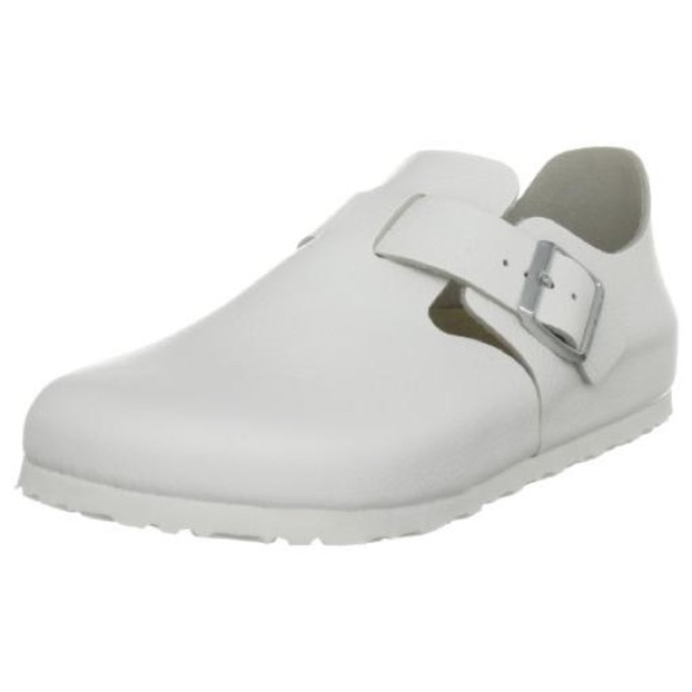 Birkenstock clogs, white with a few scuff marks.