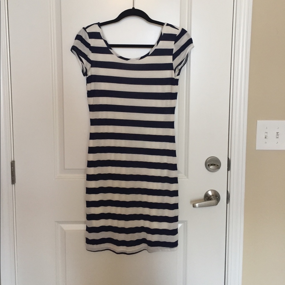 White and blue striped dress