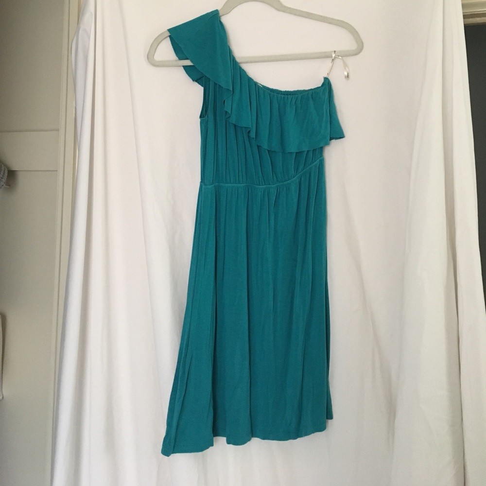 Teal one-shoulder dress
