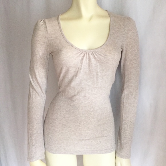Ambiance Tops - Oatmeal melange scoop neck long sleeve tee lace back Elena Gilbert Bella Swan