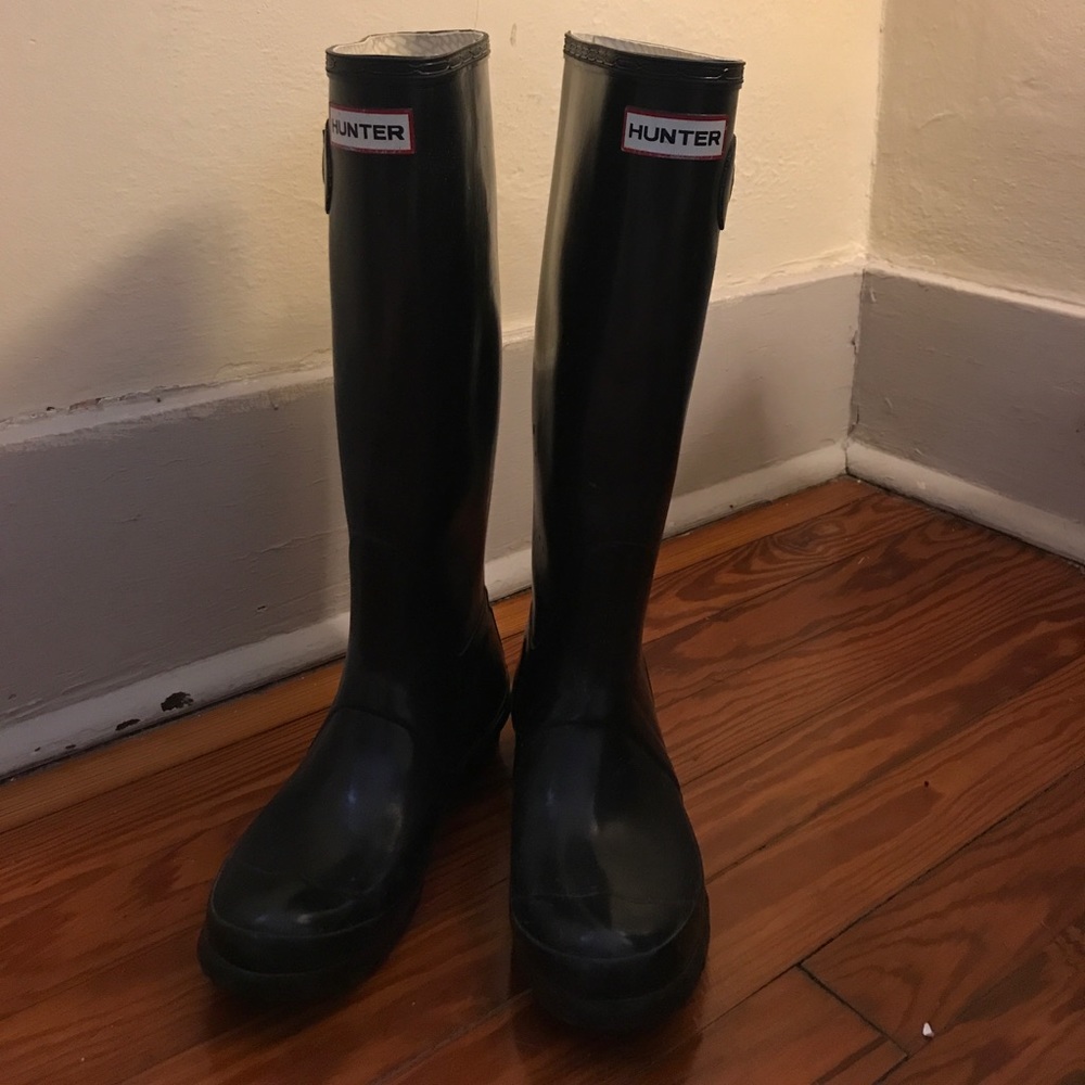 Hunter black glossy knee high rain boots