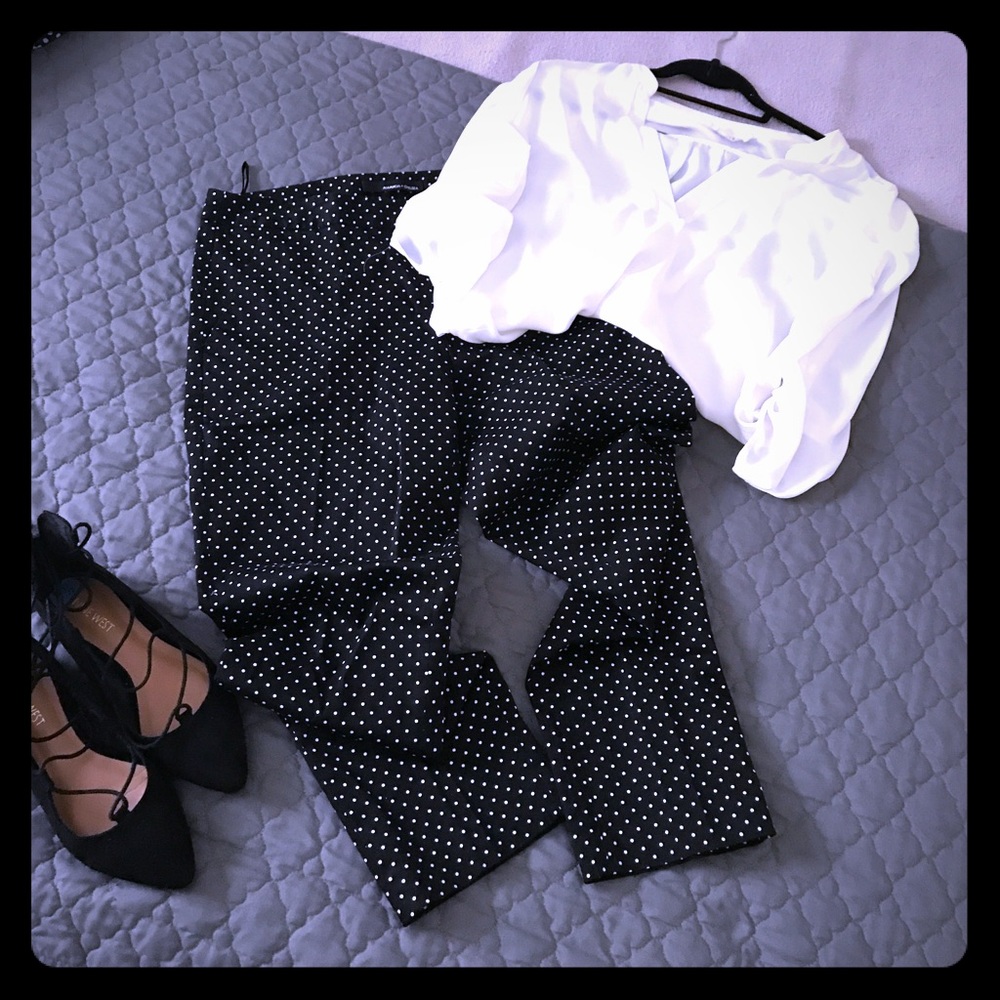 Black pants with white polkadots dressy.