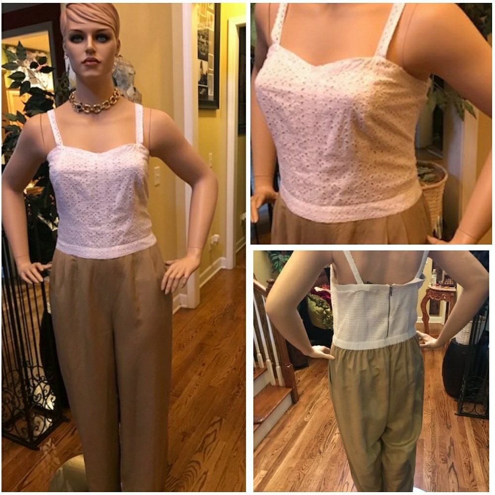 White and Khaki eyelet linen jumpsuit.