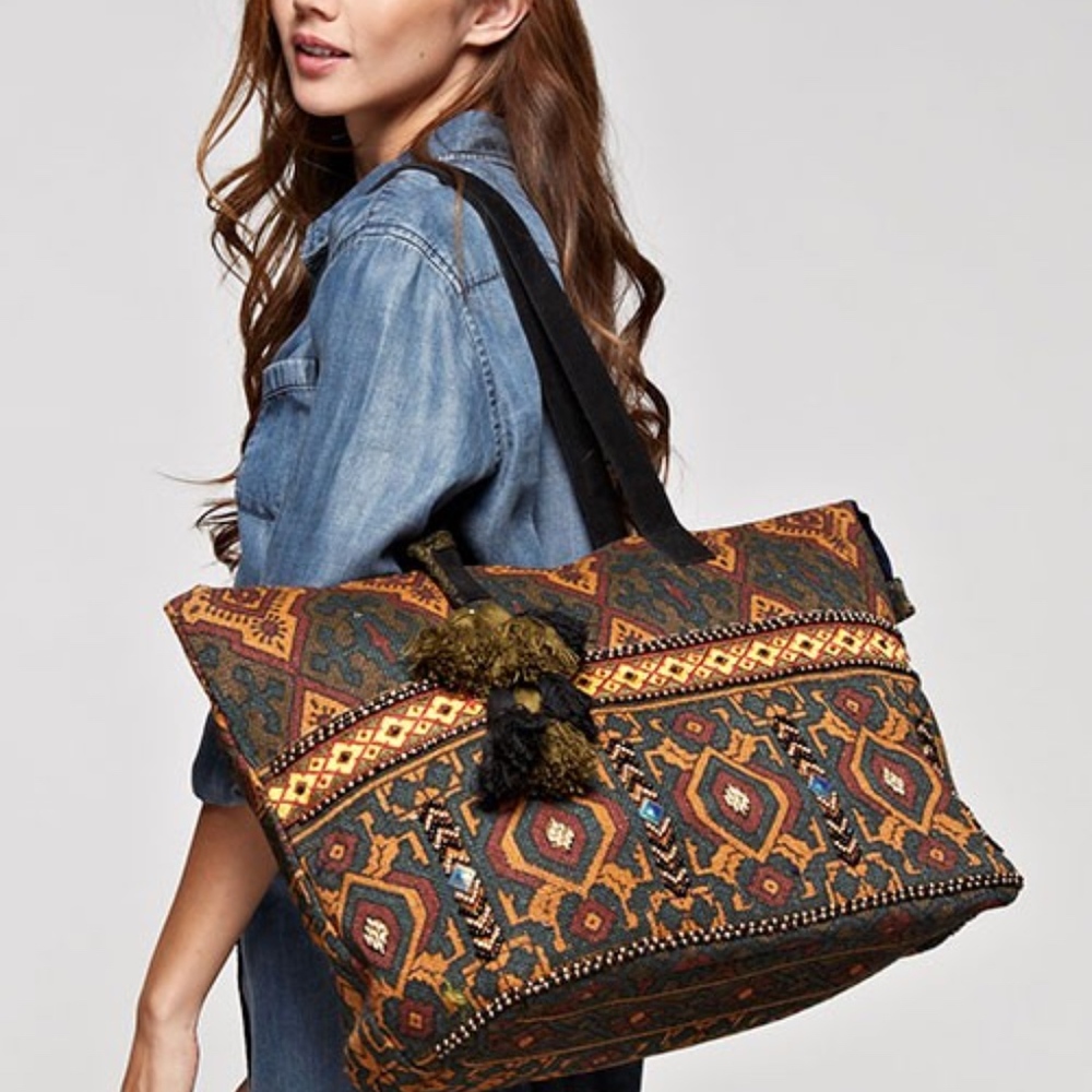 sold TAPESTRY BEADED TRIM LARGE TOTE - Picture 2 of 8