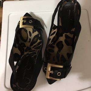 Jessica Simpson heels, gold buckles