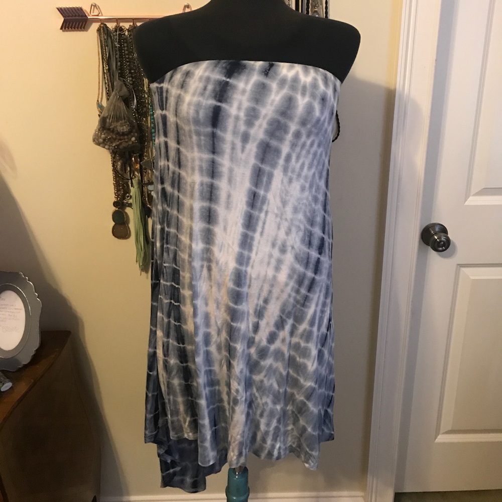 High low strapless tie dye print dress