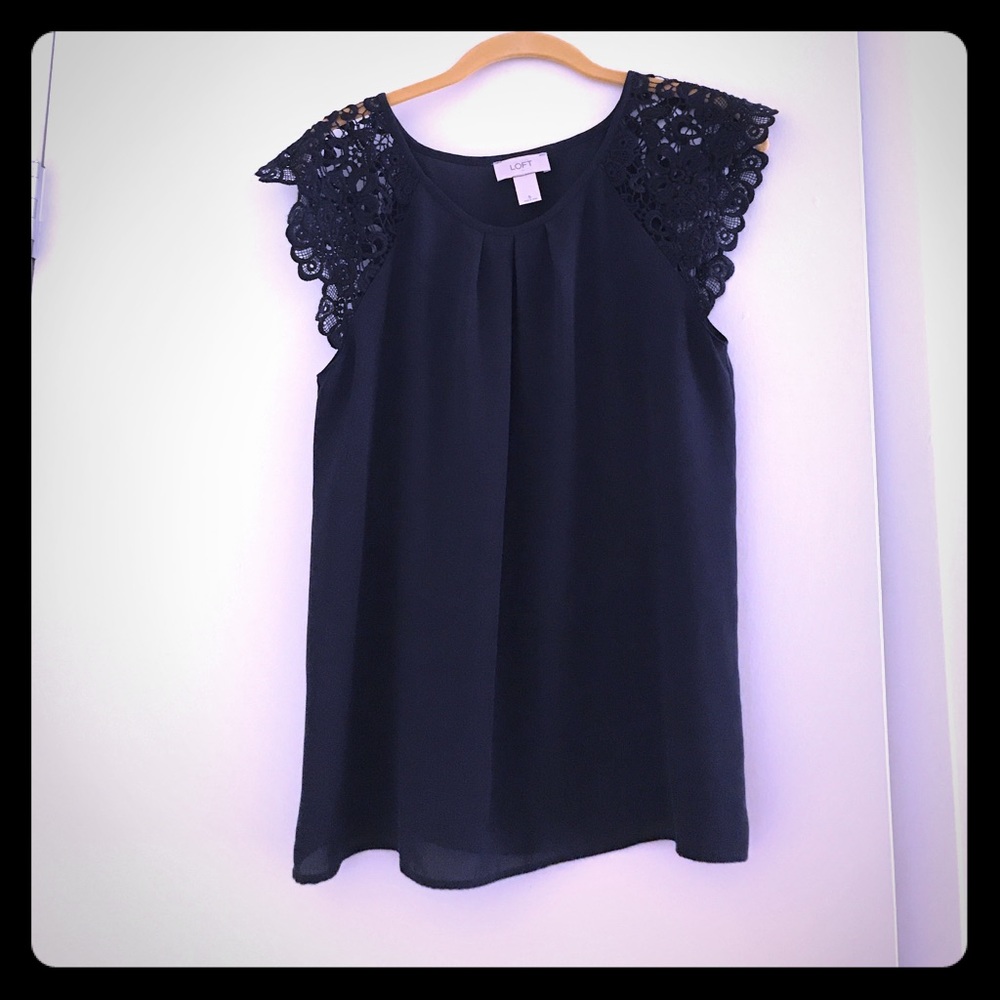 Navy blue blouse with lace cap sleeves
