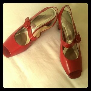 Red leather/patent leather slingback heels
