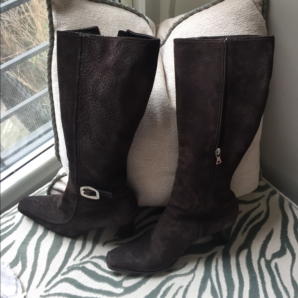 Brown Prada calf skin boots below knee