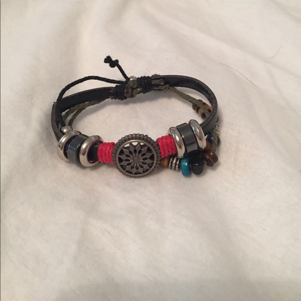 Beaded leather compass bracelet