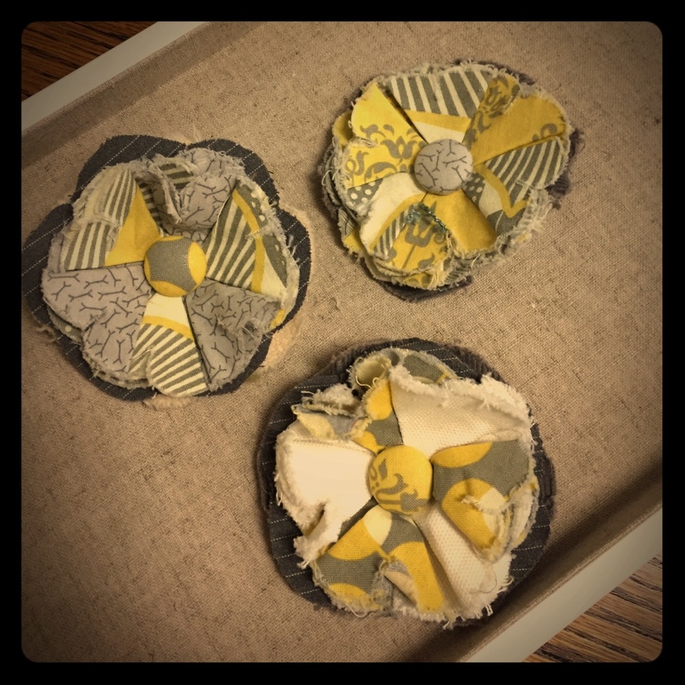 Set 3 fabric flowers pins yellow gray etsy