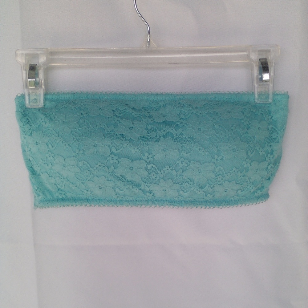 Stretchy Floral Aqua Blue Lace Lined Bandeau W/ Removable Pads Eyelet Sheet Back