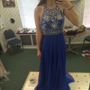 Blue Halter Top with Open Back Prom Dress