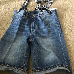 H&M Boys Denim Short Overalls w/ check suspenders