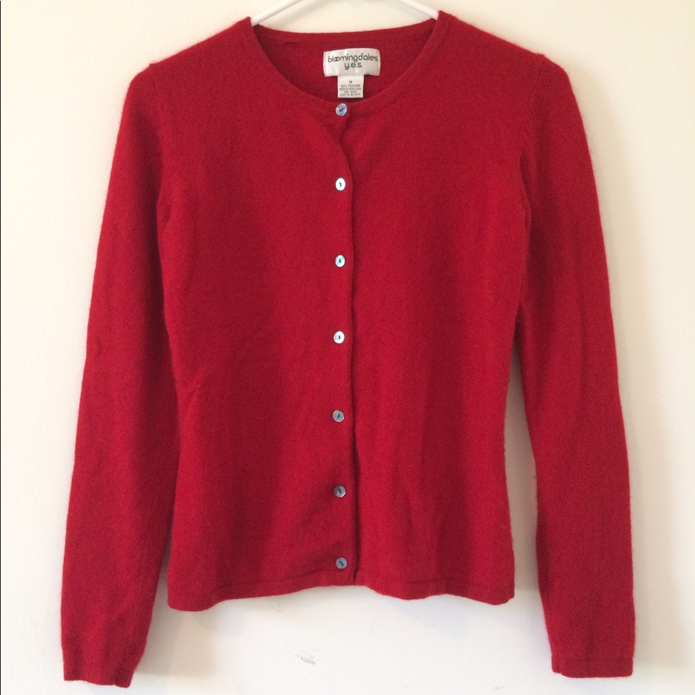 • SOLD • Red Bloomingdales 100% cashmere cardigan