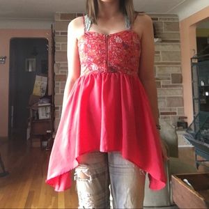 Red, floral tank top blouse
