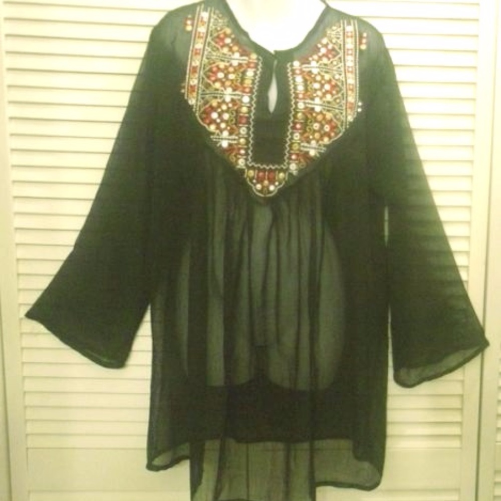 Cute Options Embroidered Peasant Boho Blk Tunic