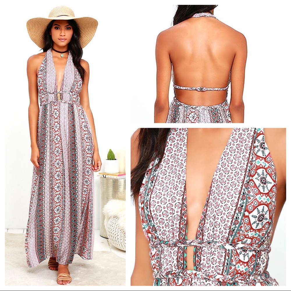 Ivory and Rust Red Halter Top Maxi