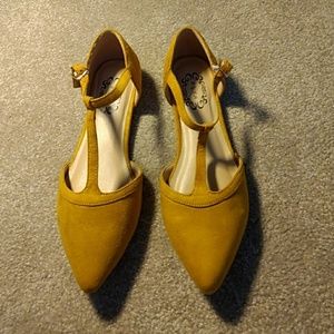 Almost new mustard suede t-strap pointed toe flats