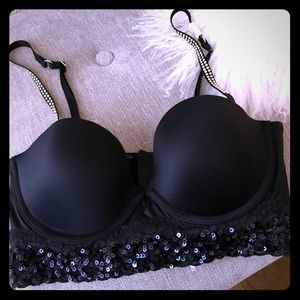 Black bra with sequins and rhinestone strap