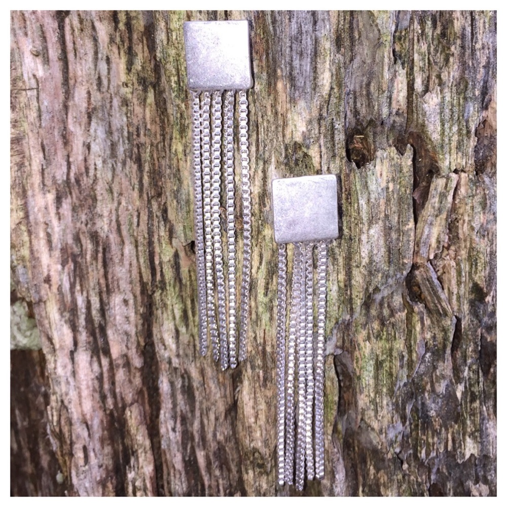 Square Silver Post Earrings W/ Dangle Chain Links - Picture 2 of 3