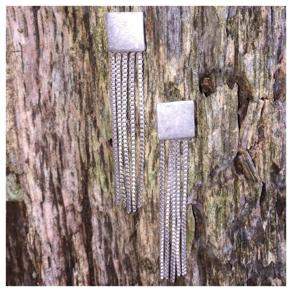 Square Silver Post Earrings W/ Dangle Chain Links - Picture 2 of 3