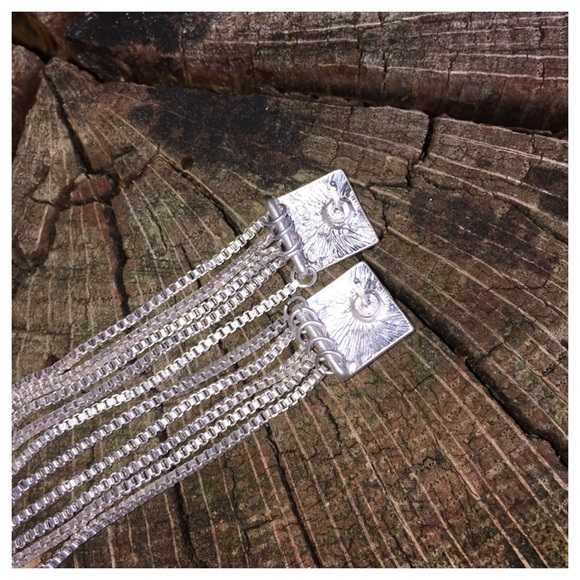 Square Silver Post Earrings W/ Dangle Chain Links - Picture 3 of 3