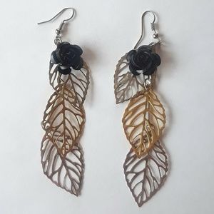 Super Cute Earings! Black Rose Gold Silver Leaves