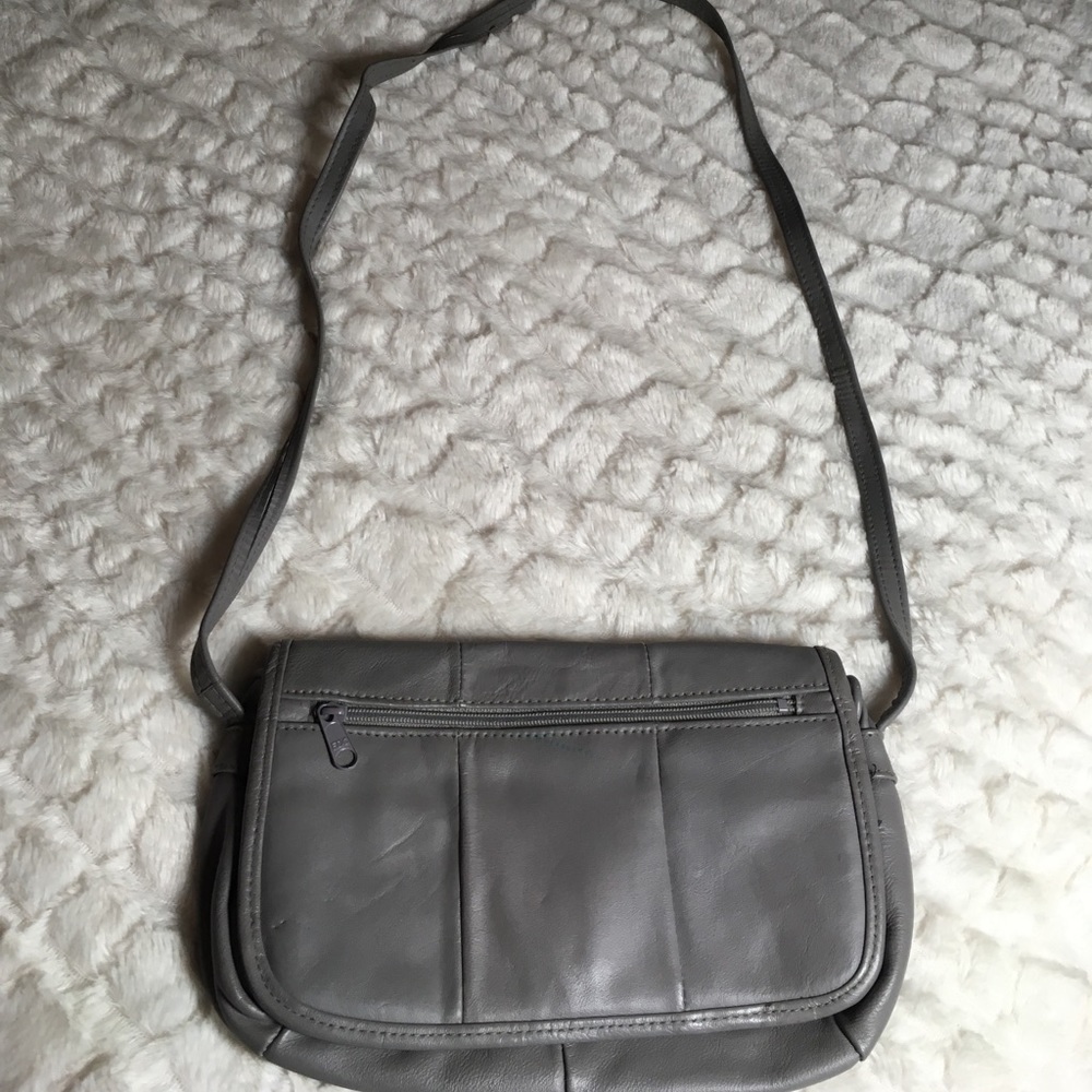 Gray leather handbag