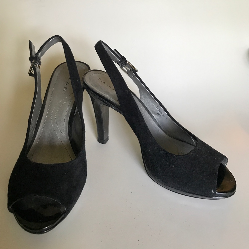 Tahari Black Suede Peep Toe Heels Size 6