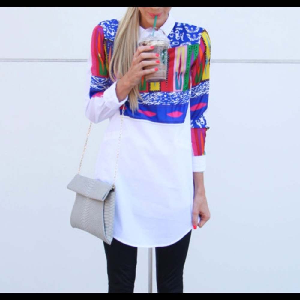 Multicolor Lapel Geo Print Pocket Blouse