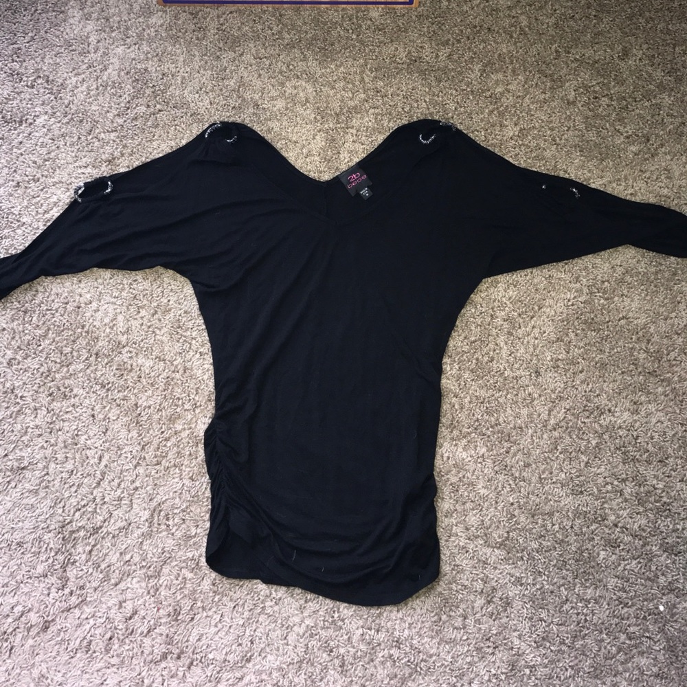 Long black Bebe shirt with cut out shoulders