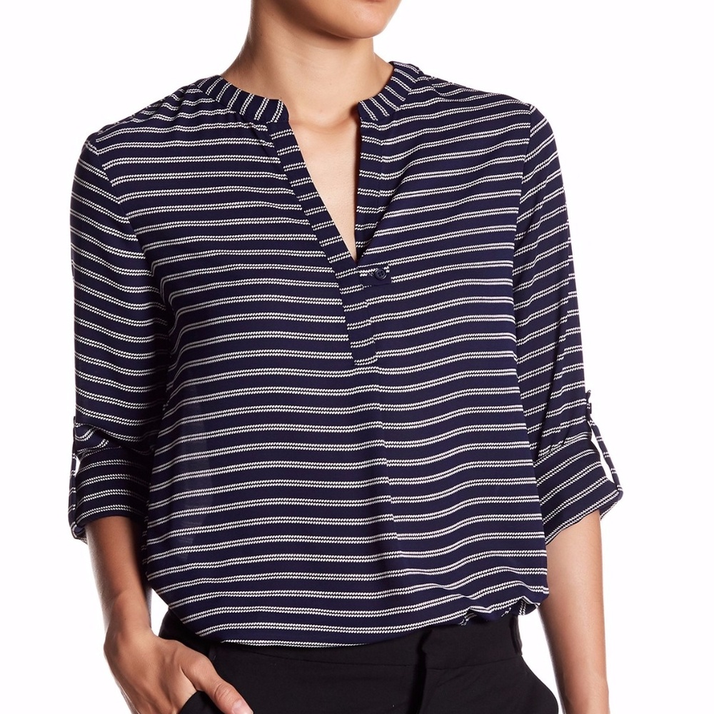 Pleione Roll-Sleeve Spilt Neck Blouse