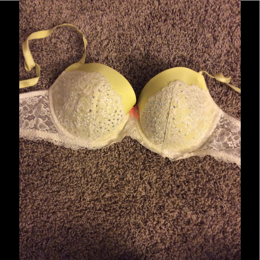 Yellow Lace and Rhinestone Bra