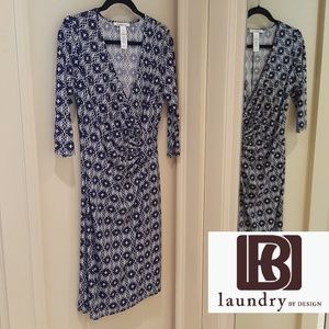Laundry by Design, navy & off-wht faux wrap dress