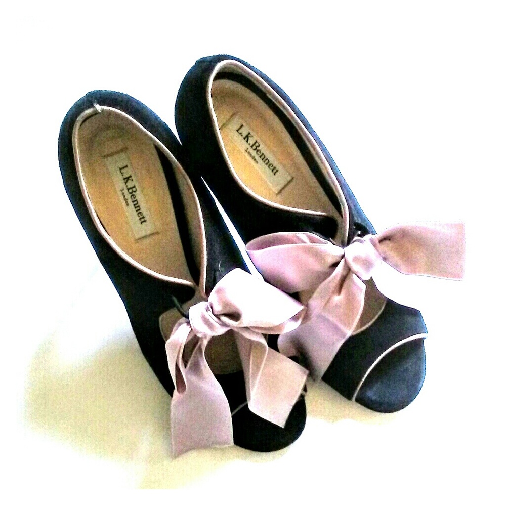 L.K. Bennett Black Suede Open Toe Pink Bow Heels