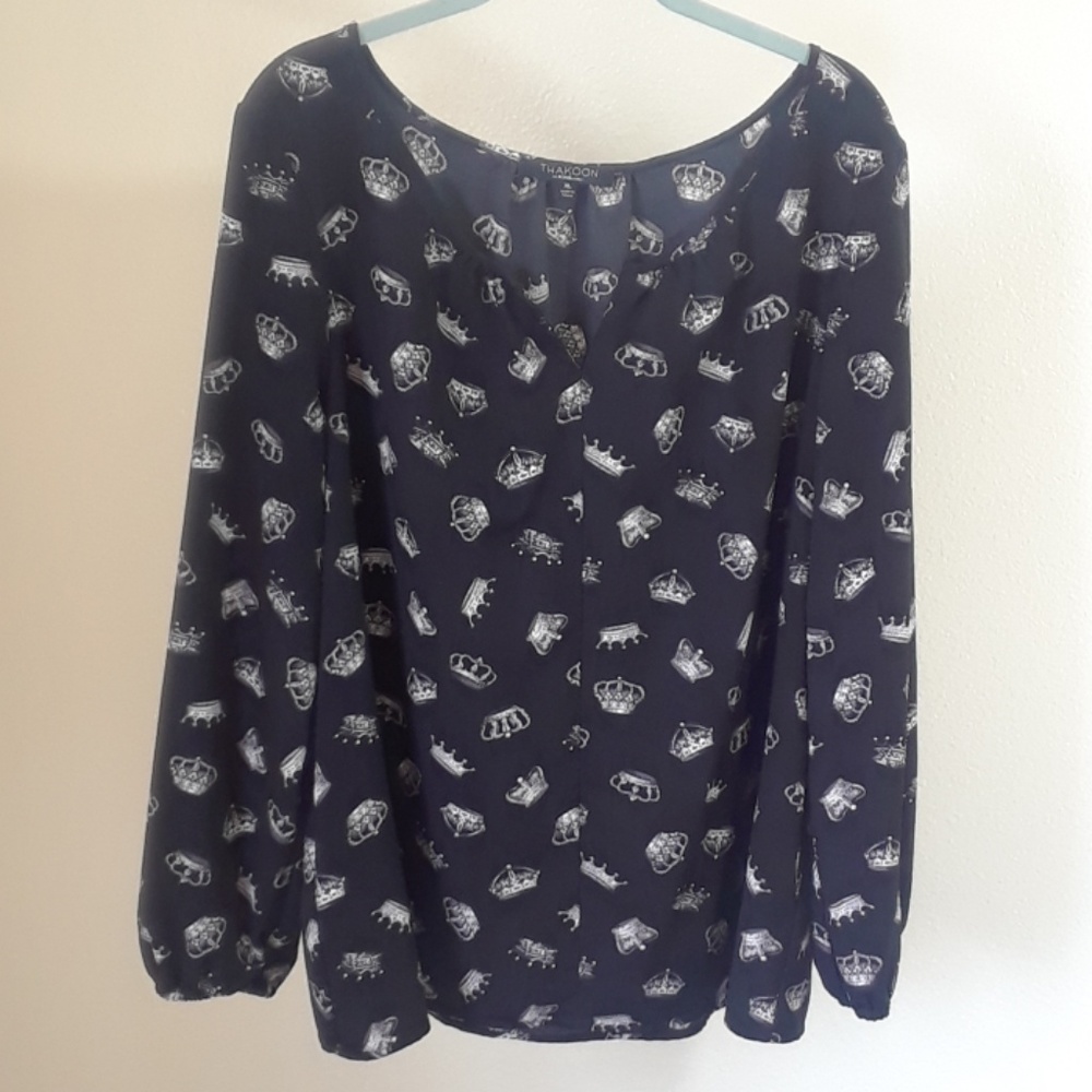 Cute Long Sleeve Blouse w/ Crowns Grey Charcoal
