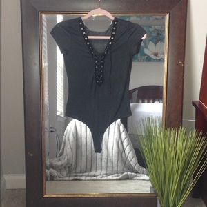 dark gray, lace up, body suit