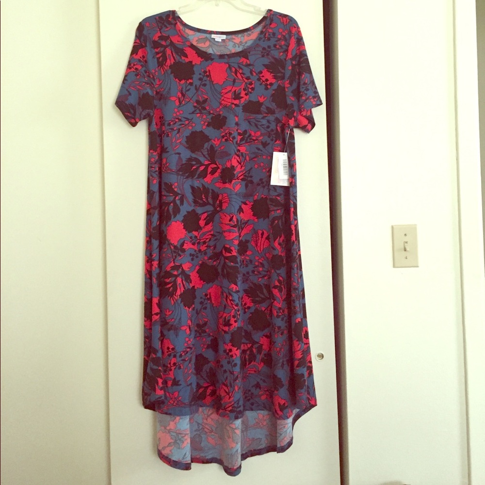 LulaRoe Carly blue with red and black leaf pattern
