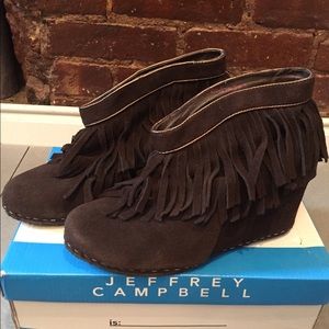 Jeffrey Campbell brown suede fringe wedge booties