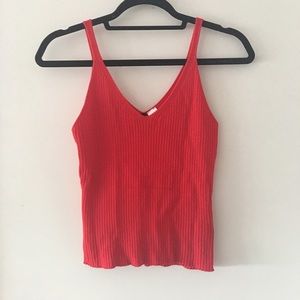 H&M Divided Double V Neck Red Knit Rib Crop Tank