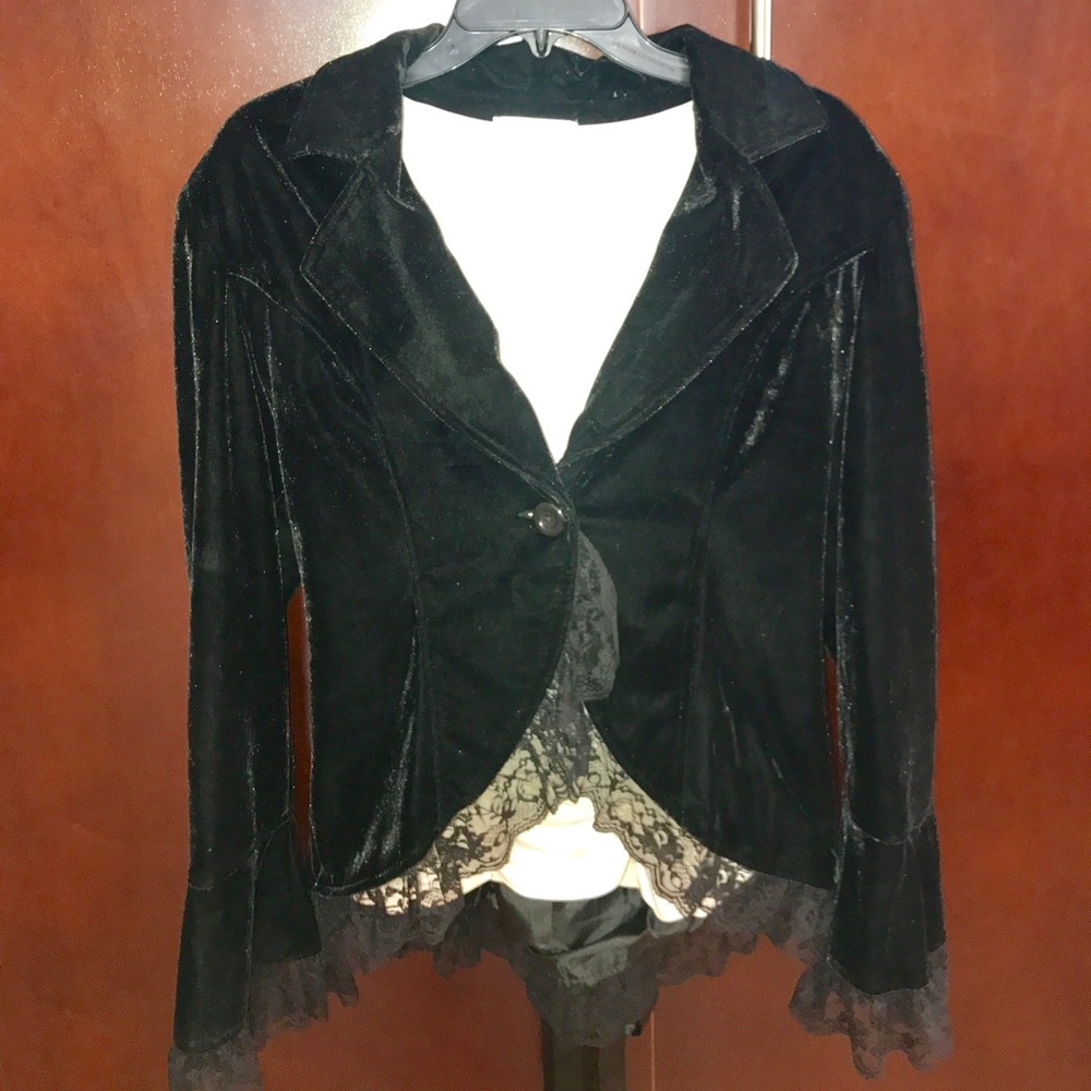 Black velvet, lace steampunk inspired lined jacket